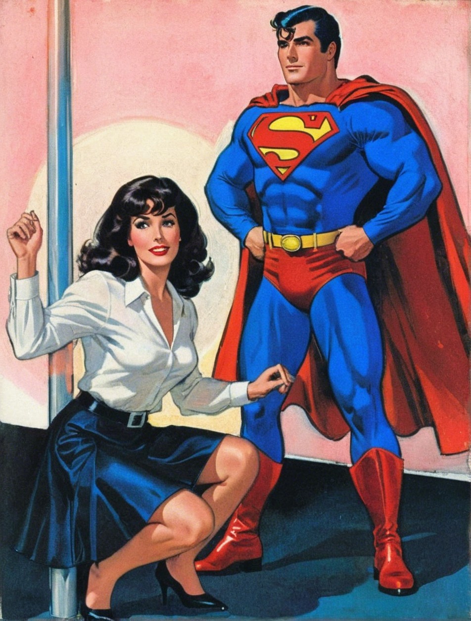 Superman and Woman in Dramatic Pose with Metal Pole