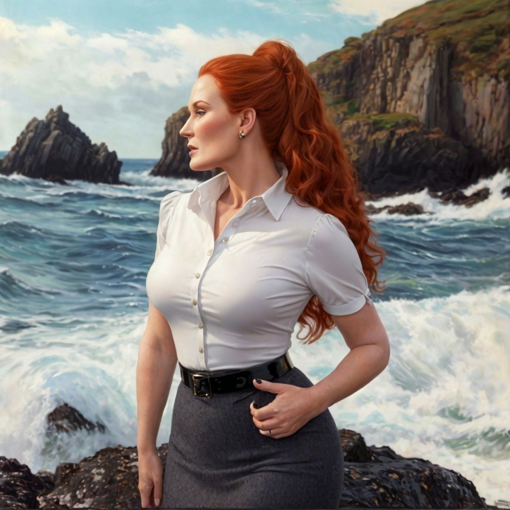 Woman with Red Hair by the Sea in Professional Attire