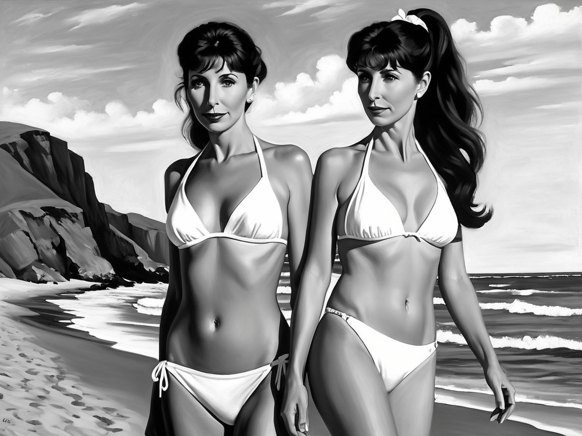 Black and White Beach Scene with Two Women in Bikinis