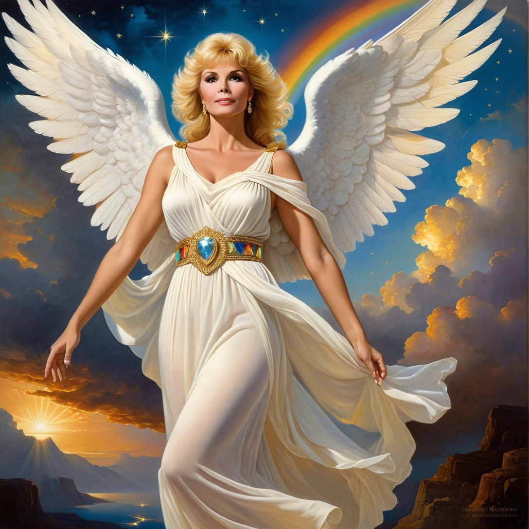 Serene Angelic Figure with Rainbow and Sunset Background
