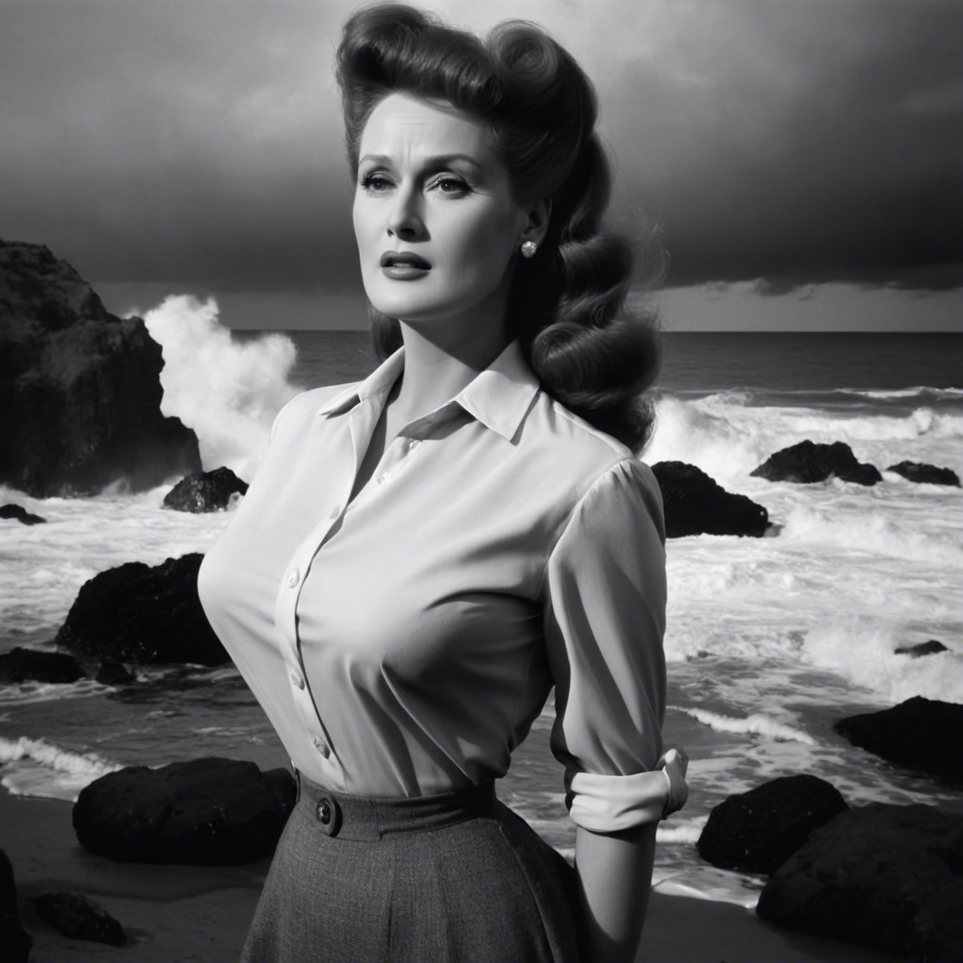 Glamorous Woman on Rocky Coastline in Black and White