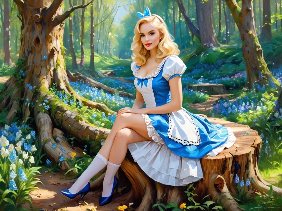 Young Woman in Alice in Wonderland Outfit in Forest