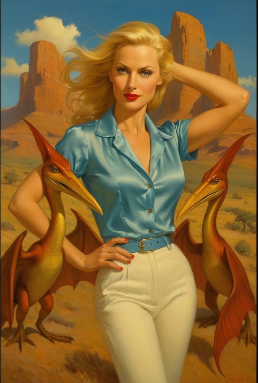 Glamorous Woman in Desert with Colorful Pterosaurs