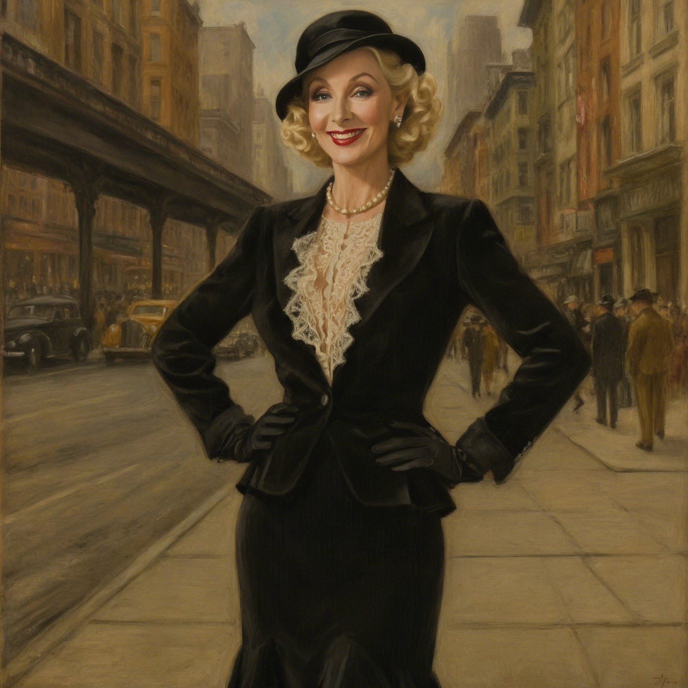 Glamorous Woman in Stylish Black Outfit on City Street