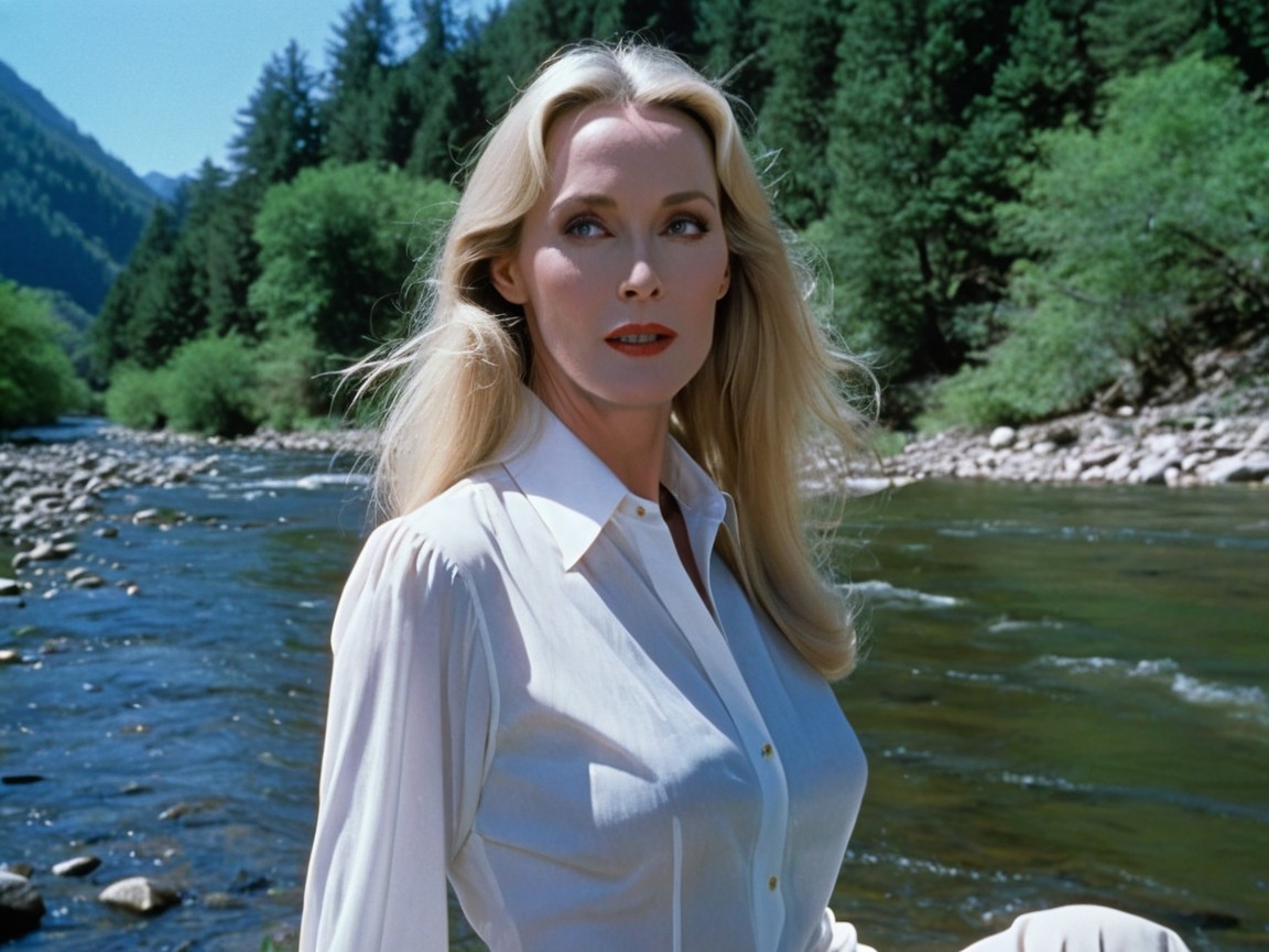 Serene outdoor scene with a woman by a river