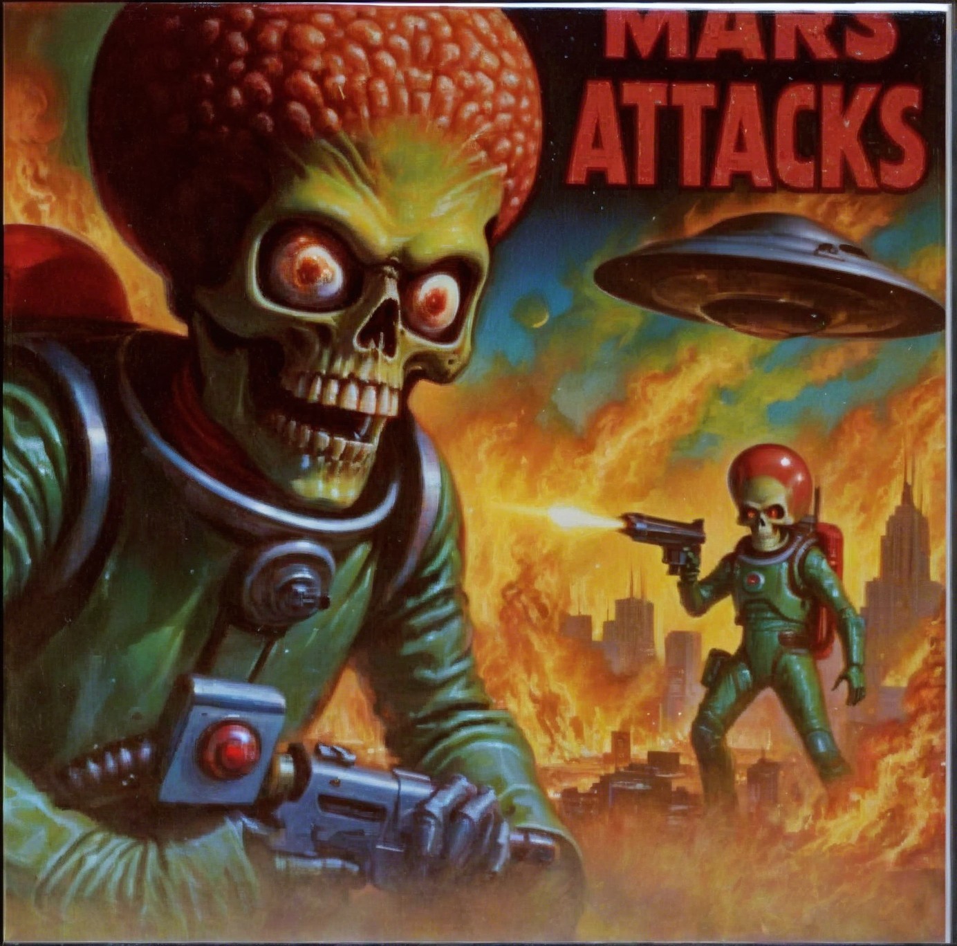 Retro Illustration of Mars Attacks with Aliens and UFOs