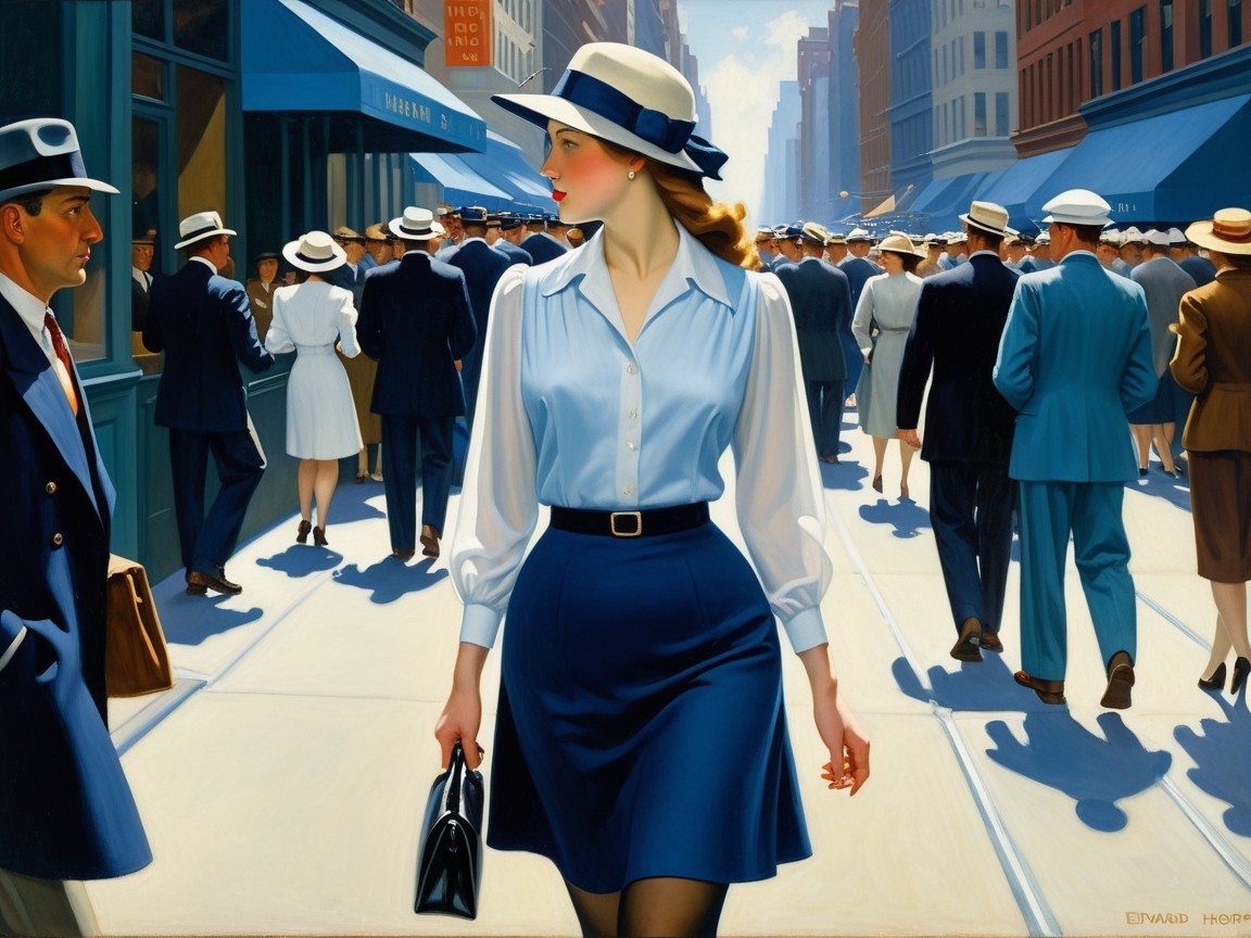 Chic Woman in Vintage City Street Scene with Crowds