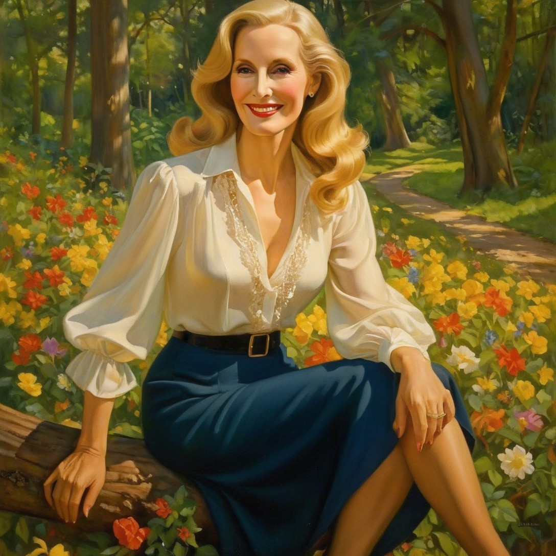 Elegant Woman with Blonde Hair in Floral Landscape