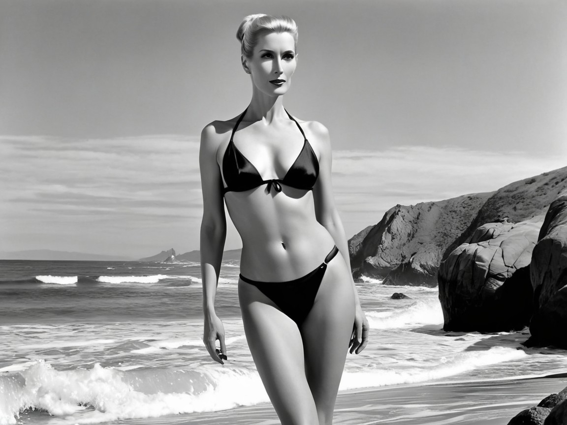 Black and White Photograph of Woman on Beach