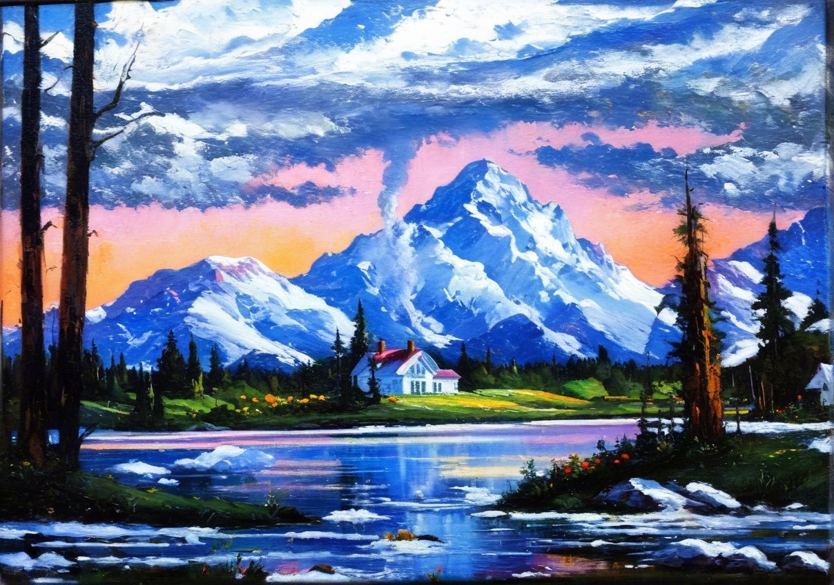 Serene Mountain Landscape with Reflective Lake and House