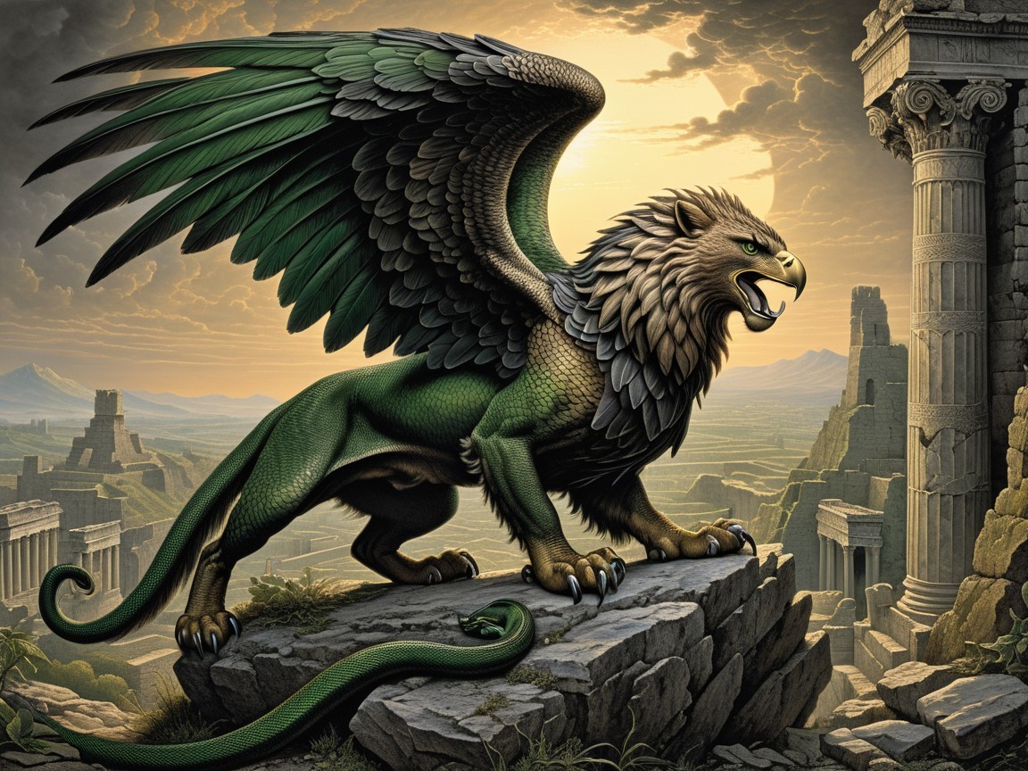 Griffin on Ancient Ruins at Golden Sunset