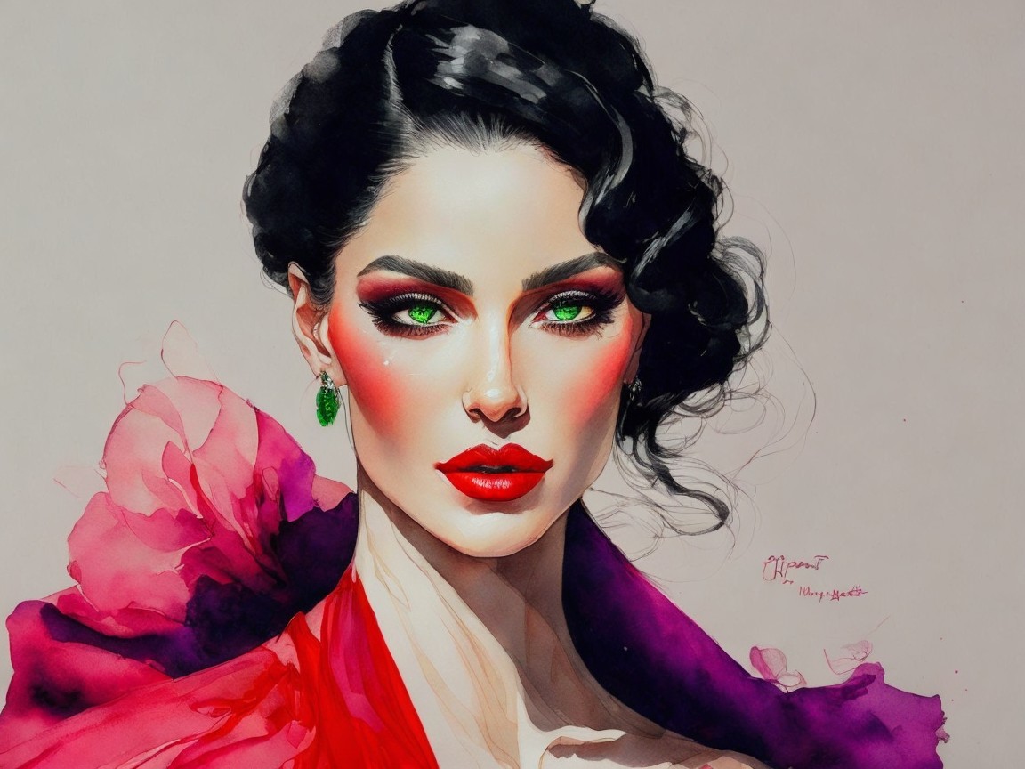 Portrait of a woman with green eyes and red lips