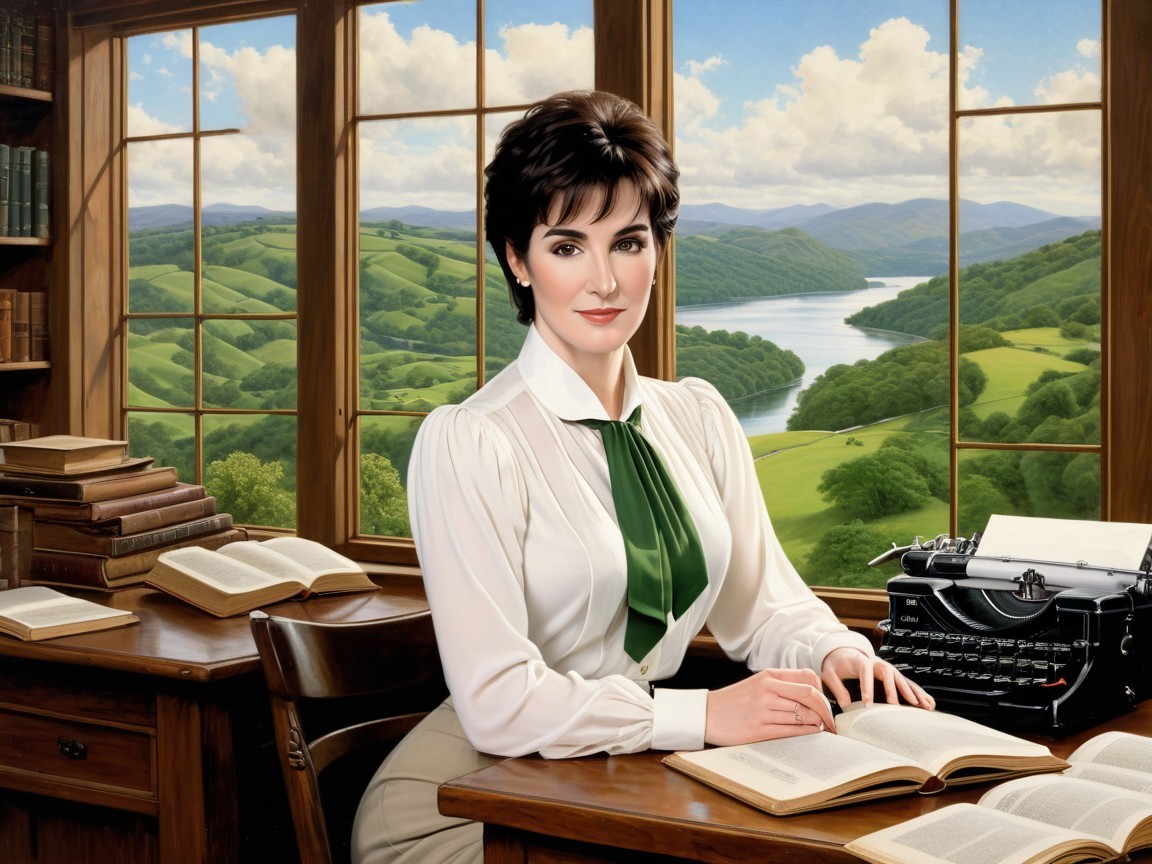 Poised Woman at Desk with Typewriter and Scenic View