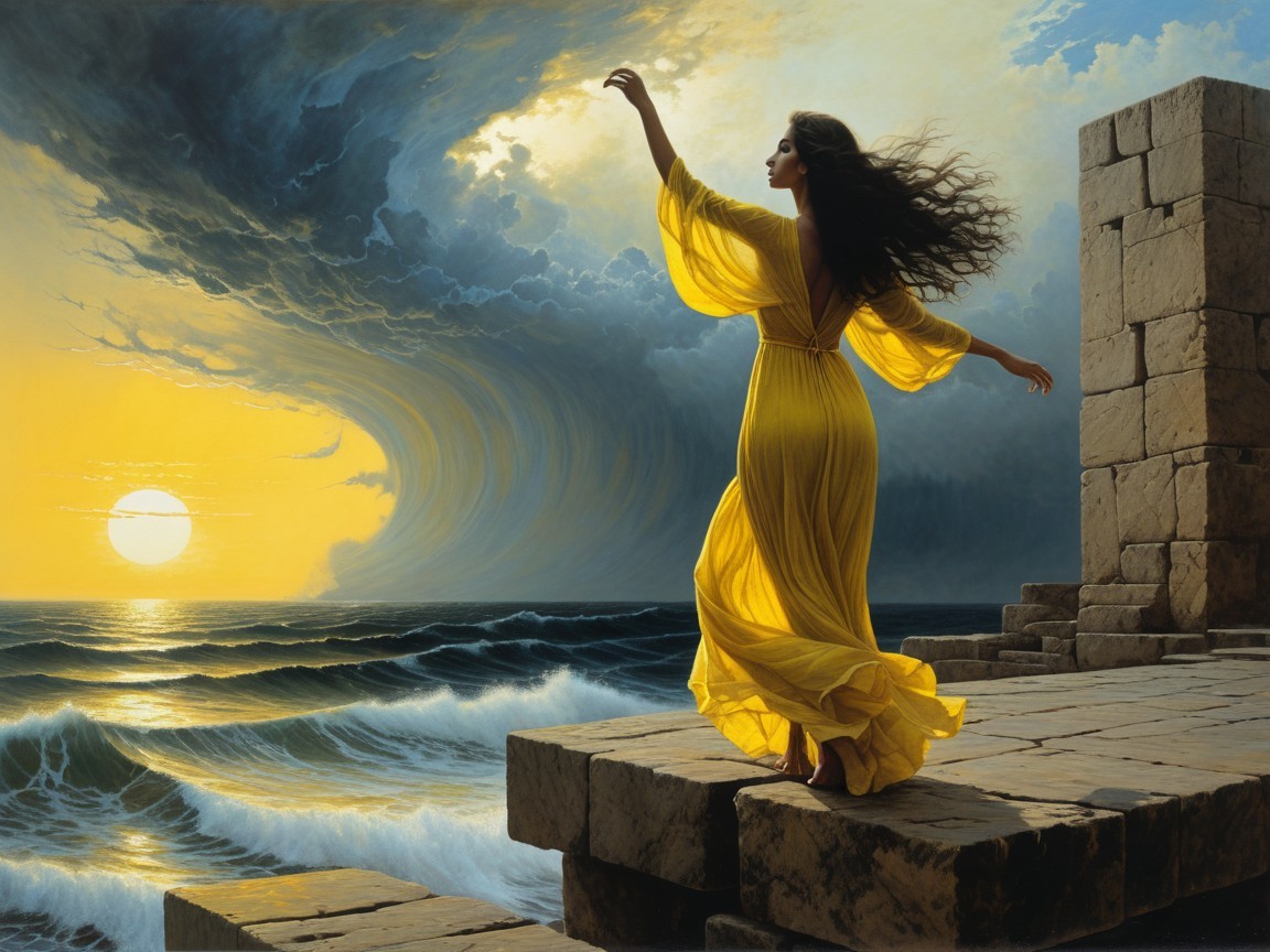 Woman in Yellow Dress on Stone Steps at Sunset