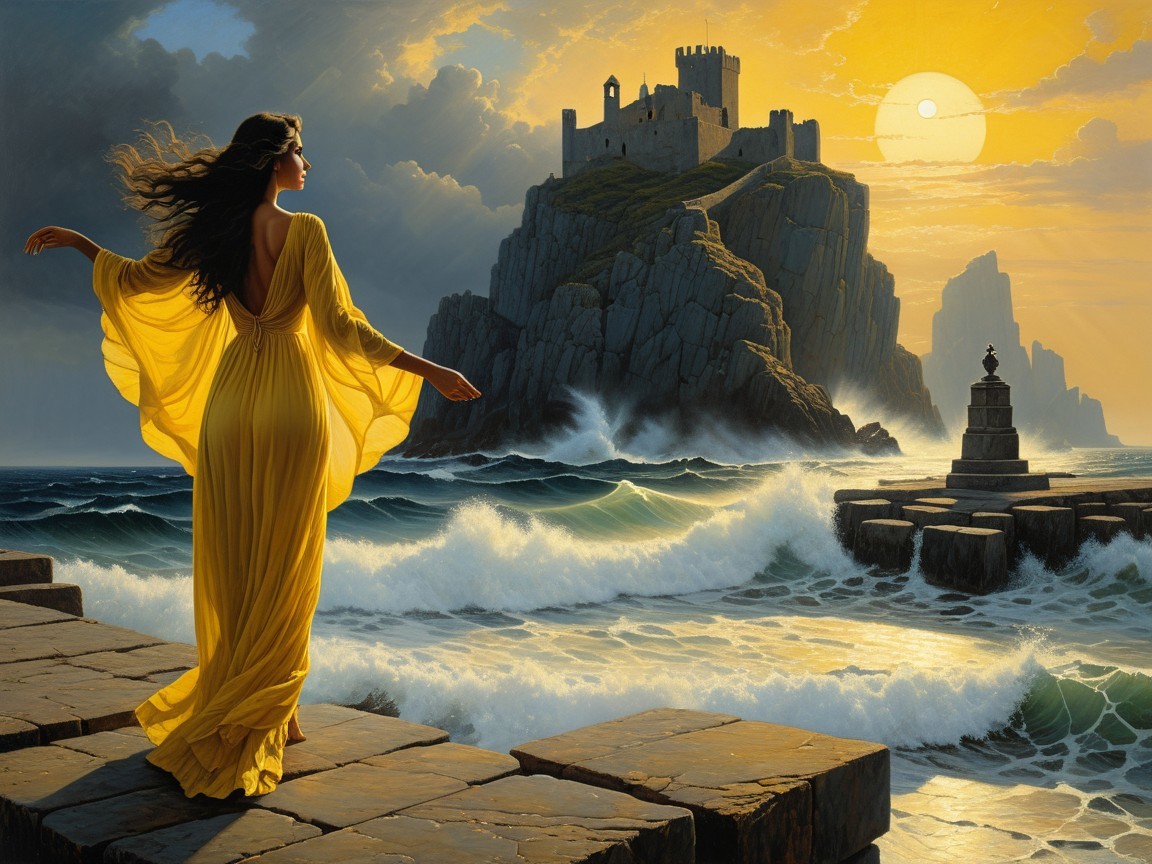 Serene landscape with a woman in a yellow gown by shore