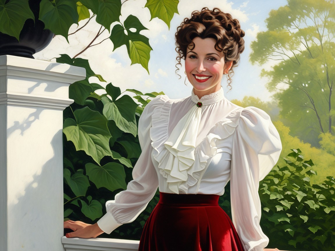 Elegant Woman in White Blouse and Red Skirt Outdoors
