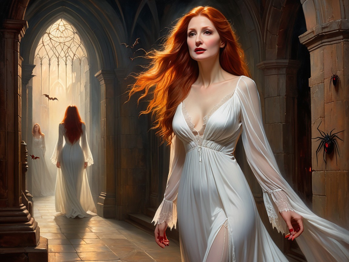 Gothic Corridor with Woman in White Gown and Shadows