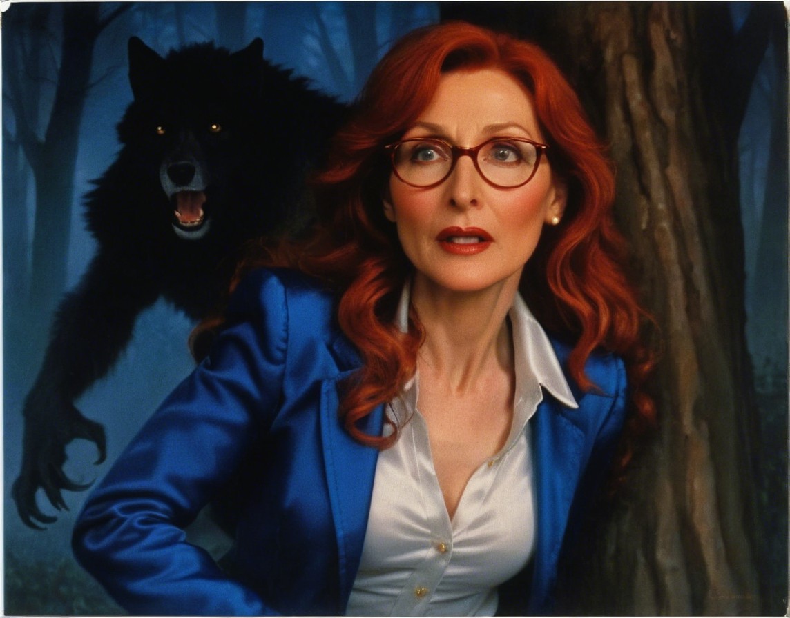 Woman in Blue Blazer with Wolf in Dark Forest