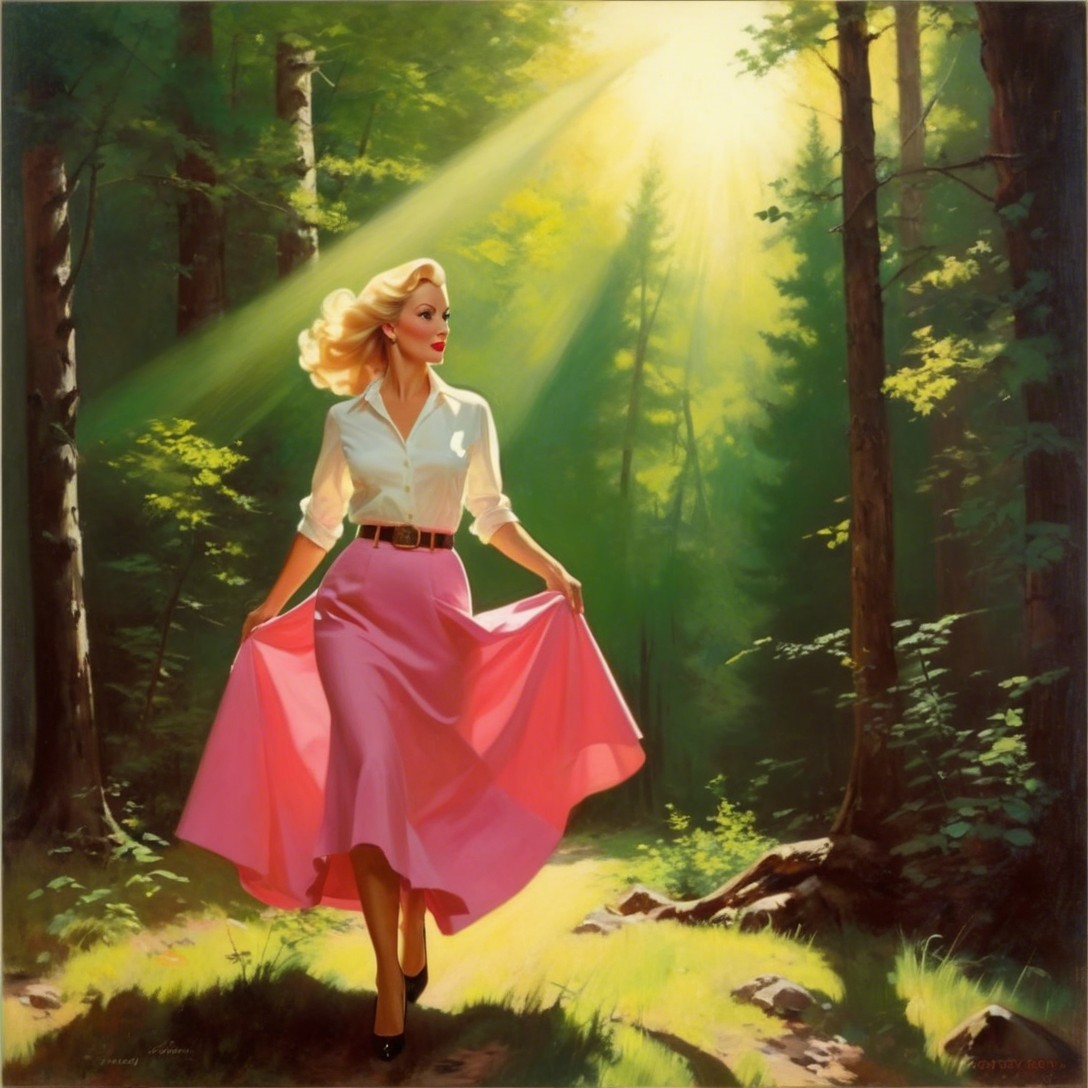 Glamorous Woman in Sunlit Forest with Flowing Skirt