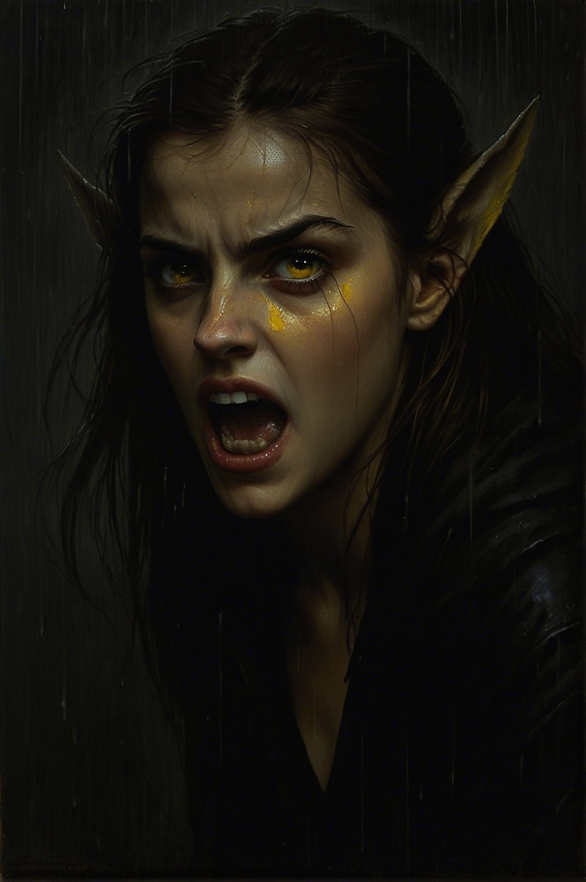 Fierce Elf Character with Intense Expression and Atmosphere