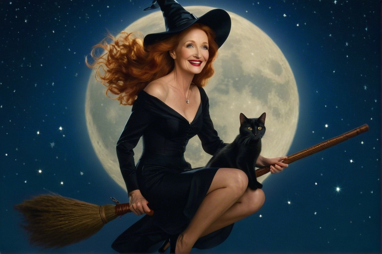 Charismatic Witch with Cat Riding Broomstick at Night