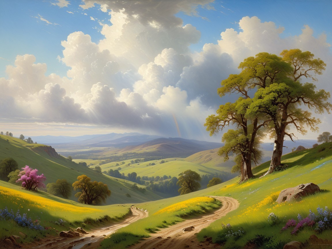 Picturesque Landscape with Rolling Hills and Wildflowers