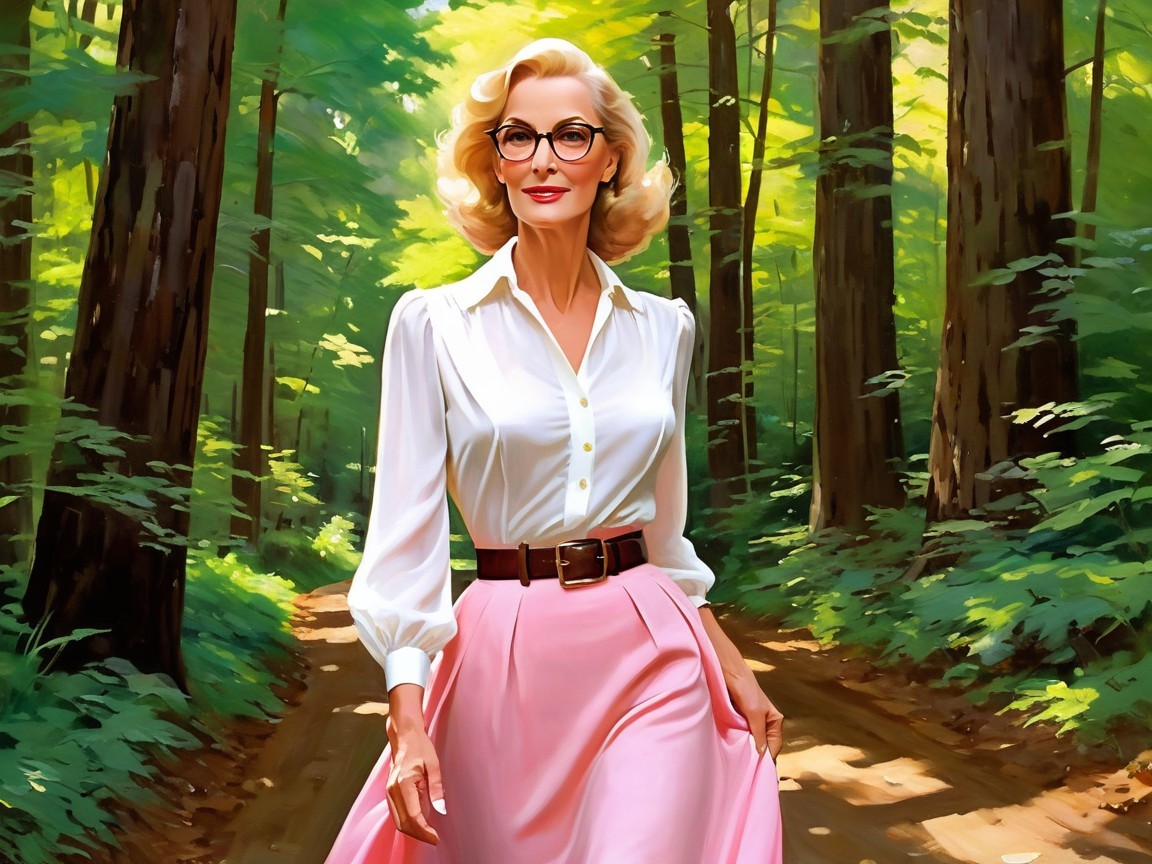 Stylish Woman in Forest Path Surrounded by Nature
