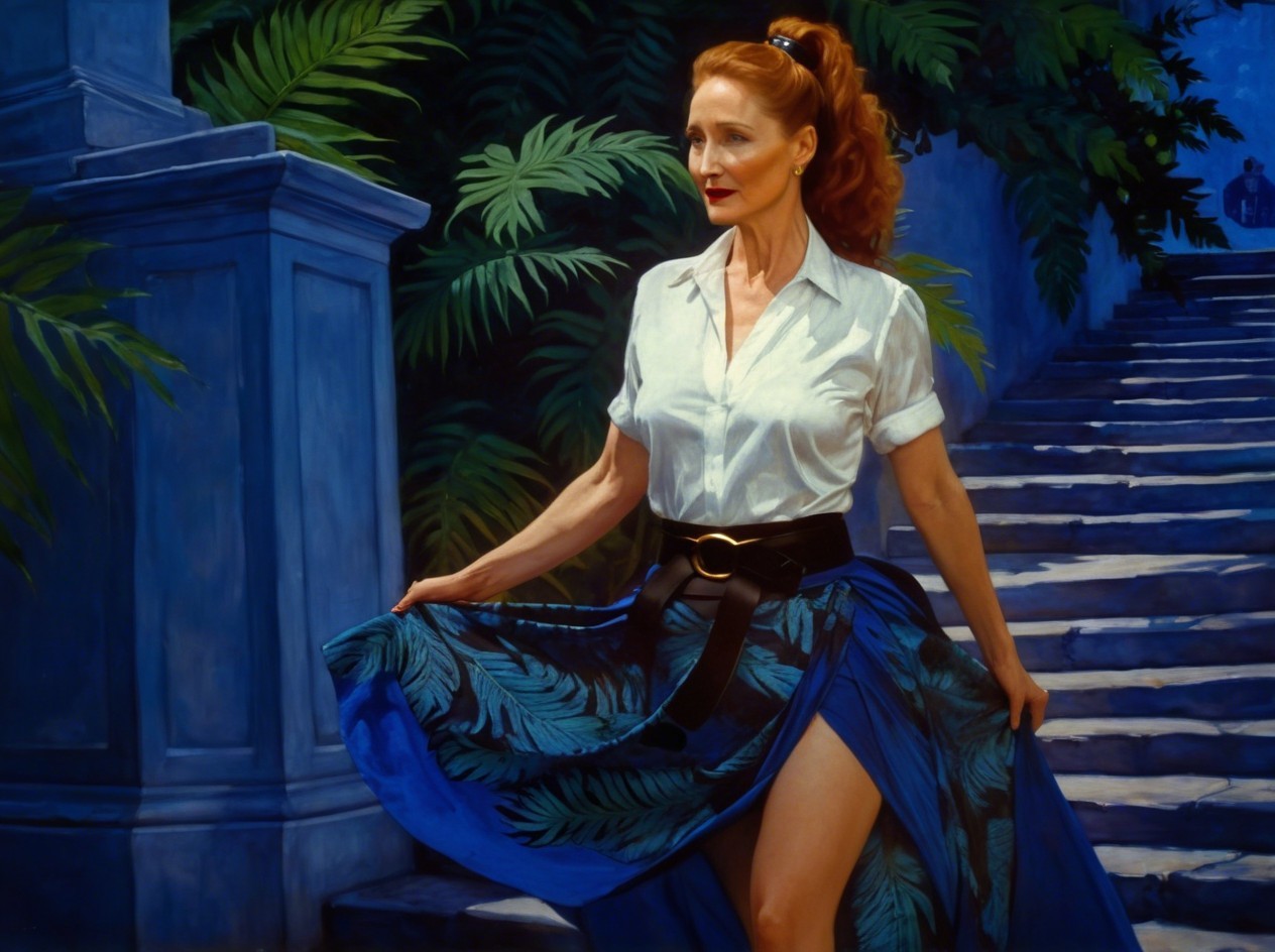 Woman on Staircase in Tropical Greenery Outfit
