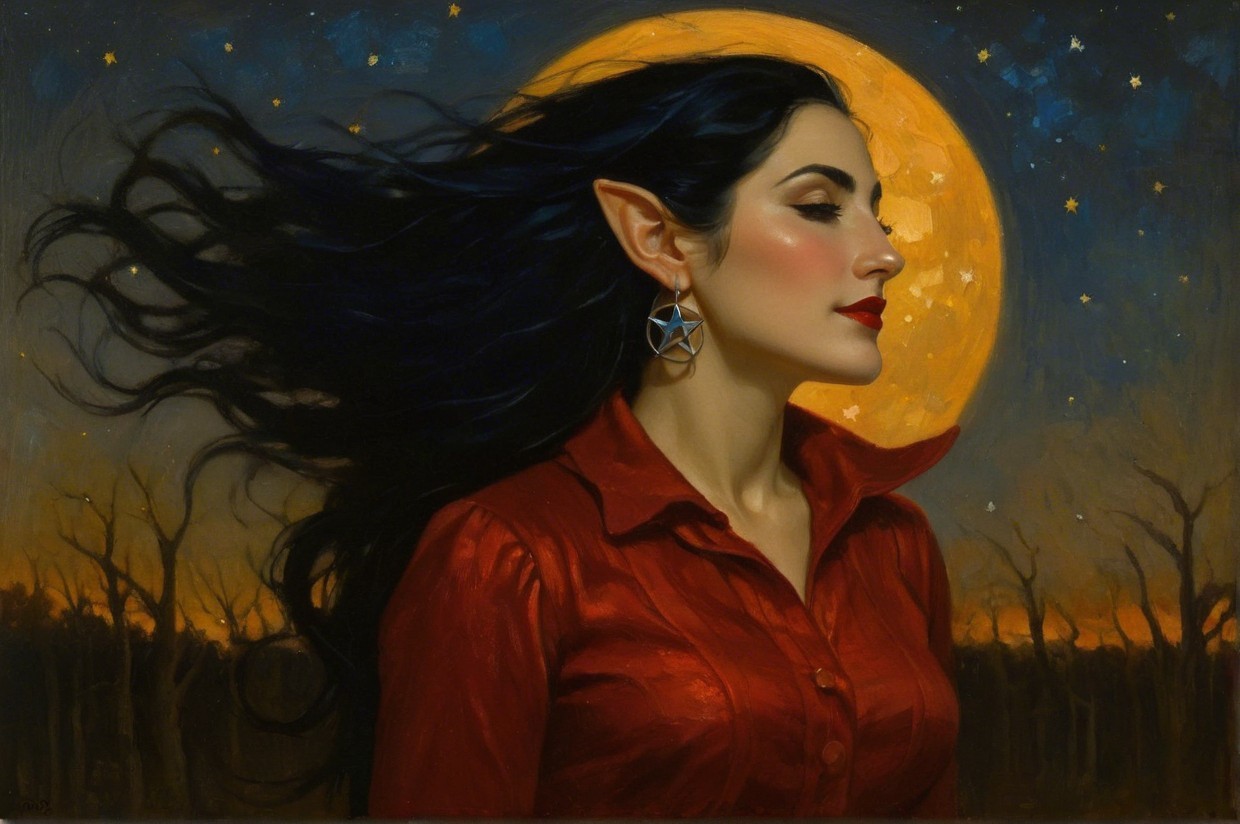 Portrait of a woman with black hair and full moon backdrop