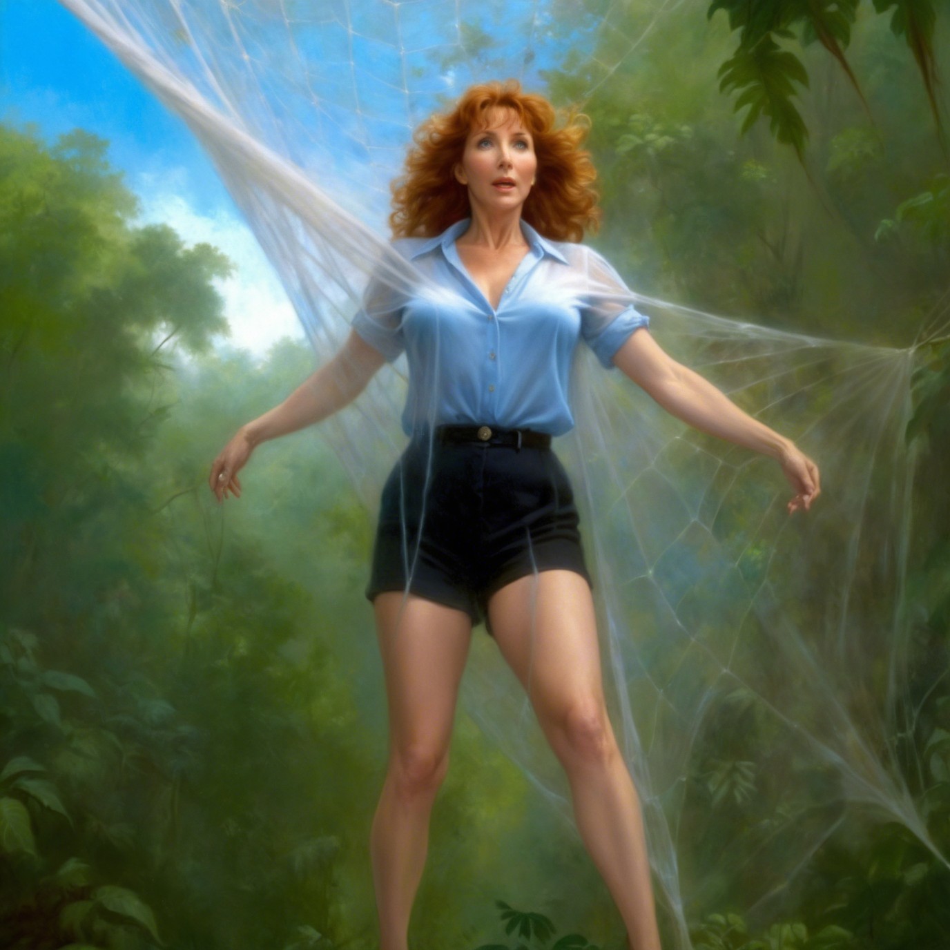 Woman in Jungle Caught in Web with Red Hair