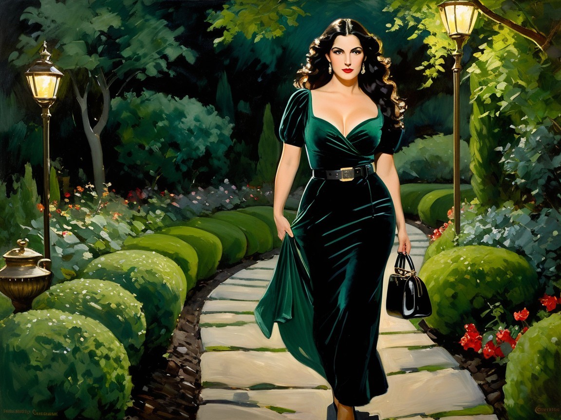 Glamorous Woman in Emerald Dress in Lush Garden