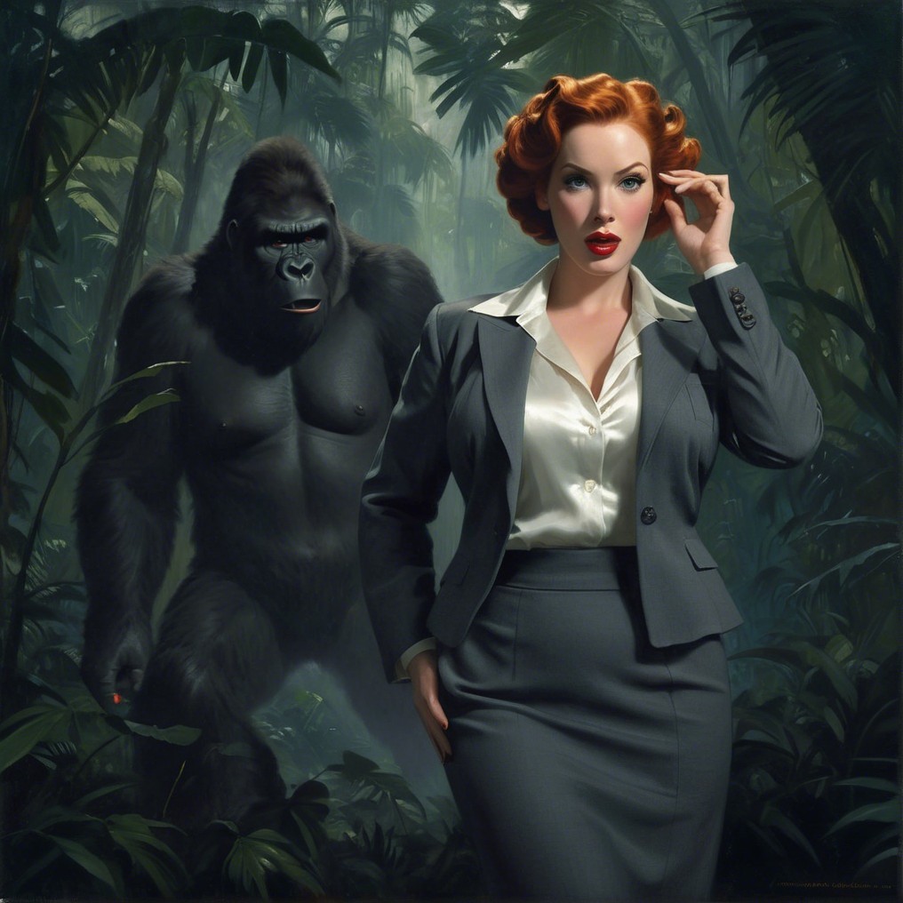 Glamorous Woman in Suit with Gorilla in Jungle Setting