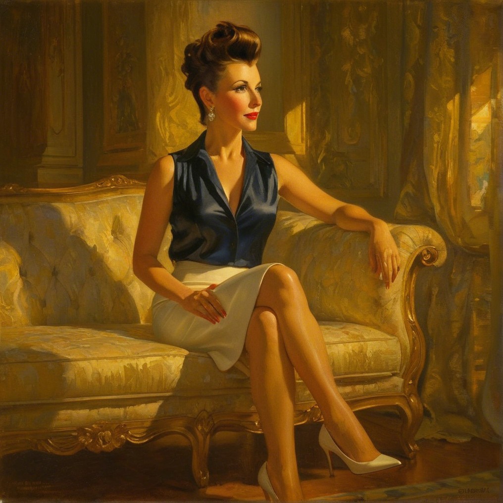 Elegant Woman on Ornate Sofa in Golden Light