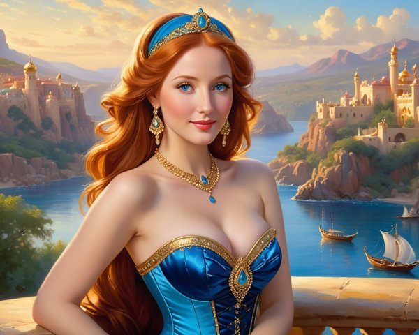 Regal Woman in Blue Gown with Enchanting Landscape