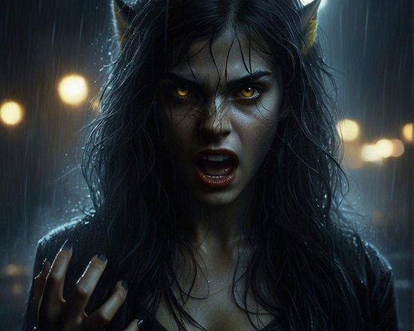 Fierce Woman in Rain with Supernatural Features