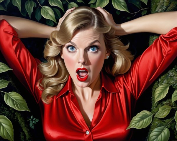 Woman with blue eyes in red shirt among green leaves