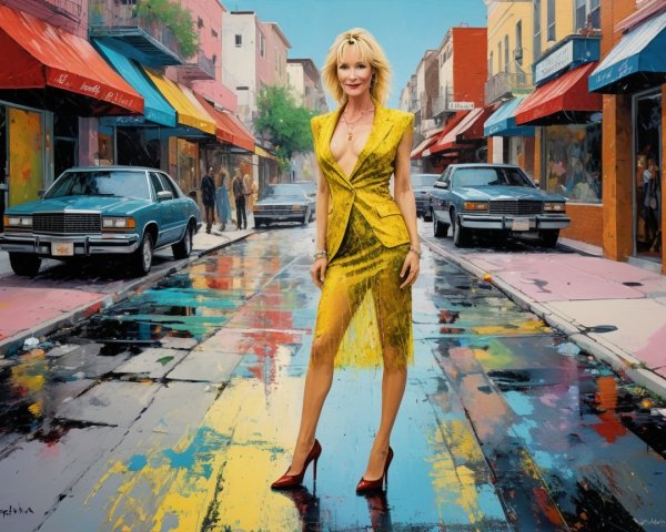 Full body painting of a woman in yellow attire on street