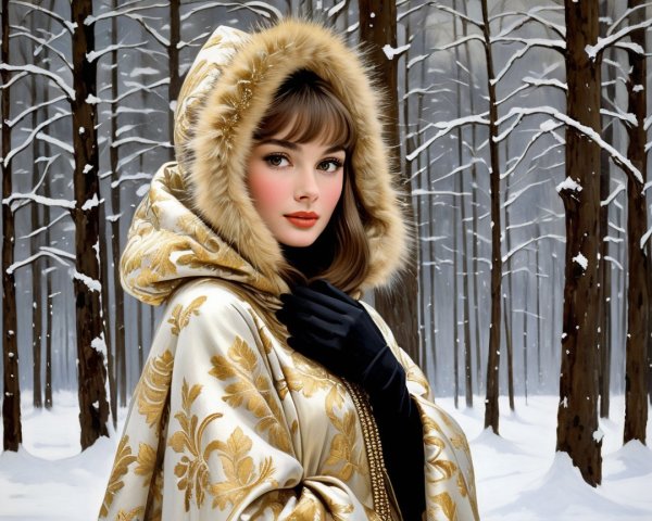 Woman in golden cloak in serene snowy forest