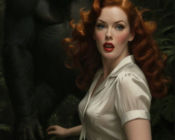 Jungle Scene with Woman and Gorilla in Tense Moment