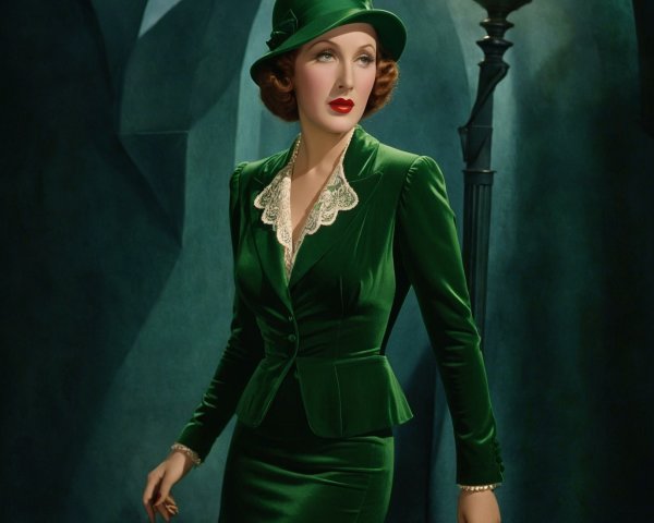 Glamorous Woman in Vintage Green Velvet Suit