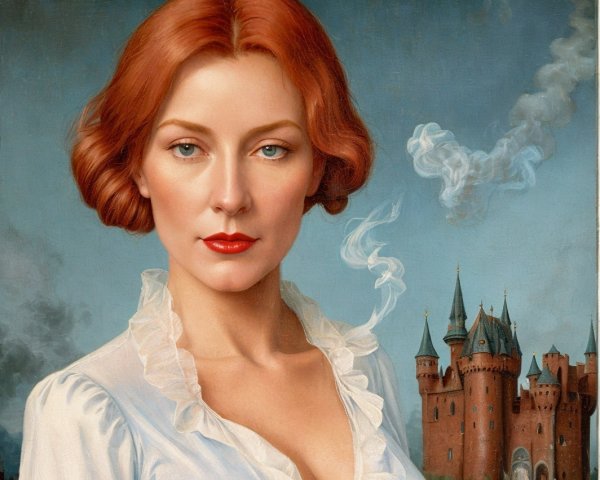 Portrait of a woman with red hair and whimsical castle
