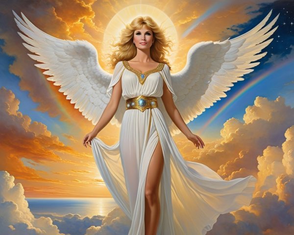 Radiant angel in flowing gown against vibrant sunset sky