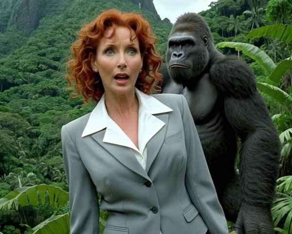 Woman in Gray Suit Surrounded by Jungle and Gorilla