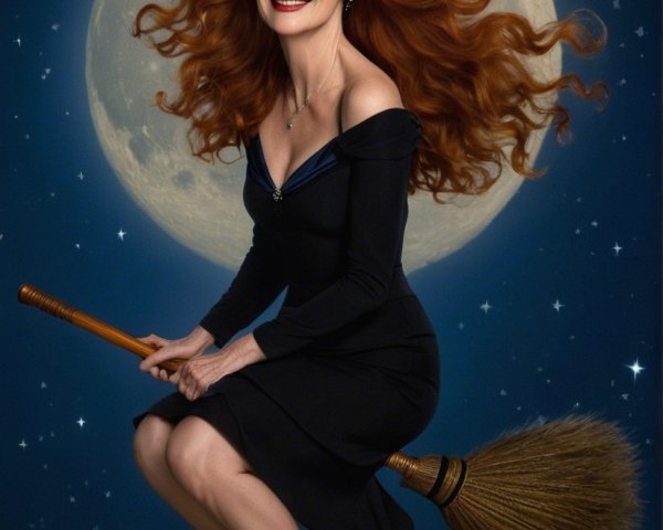 Glamorous witch on broomstick under starry night sky