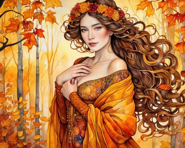 Autumn-Themed Illustration of a Young Woman in Nature