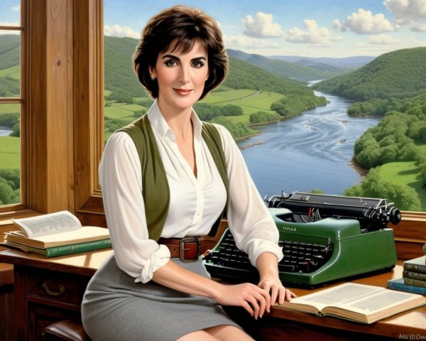 Woman at Desk with Typewriter and Scenic View