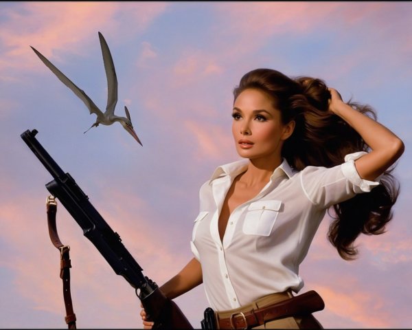 Confident Woman with Rifle Against Sunset and Pterosaur