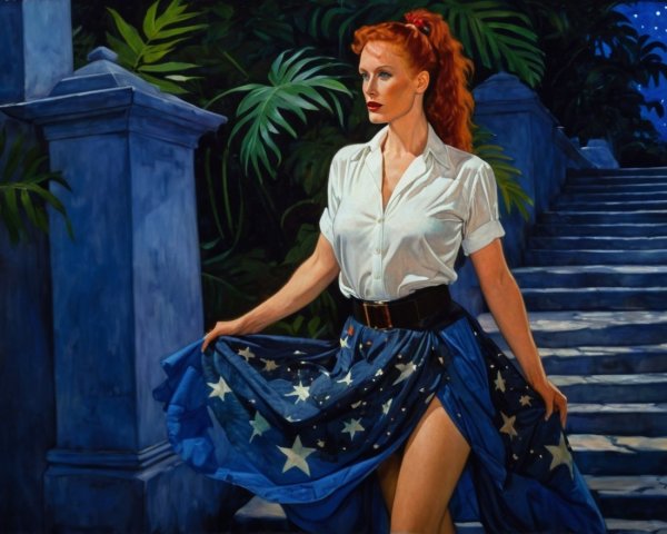 Woman with red hair on staircase in lush greenery