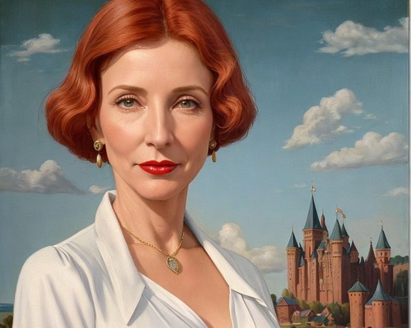 Portrait of a Woman with Red Hair and Castle Background