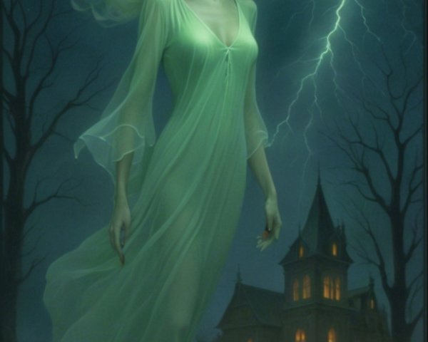 Ethereal figure in gown amid dark trees and mansion